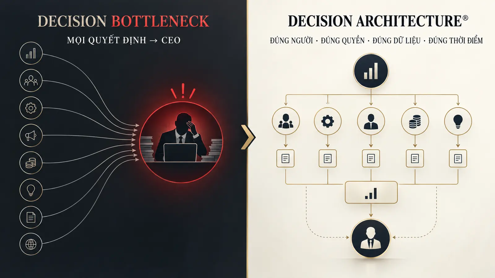 Decision Bottleneck khiến mọi quyết định chờ CEO và Decision Architecture phân bổ quyền quyết định